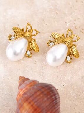 Gold Bee Pearl Drop Earrings